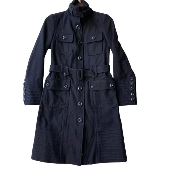 Womens Navy Blue Wool Trench Coat Peacoat Jacket Size Small S Made in Ukraine - Picture 1 of 16